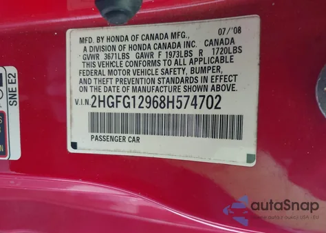 2008 Honda Civic Ex-L from USA, damaged, VIN 2HGFG12968H574702